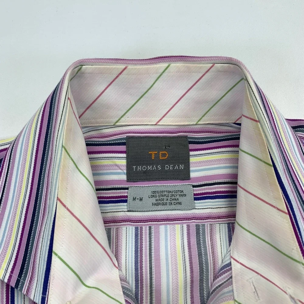 Thomas Dean Mens Striped Button Down Shirt M Medium Multicolor Cotton Longsleeve